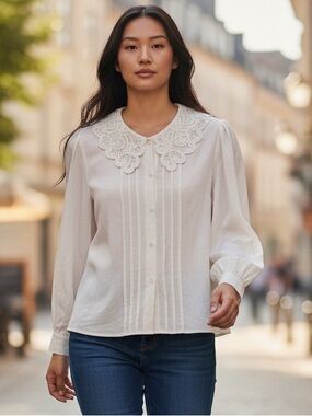 Laura and Jayne White Eyelet Collar Pintuck Blouse - Feminine Long Sleeve